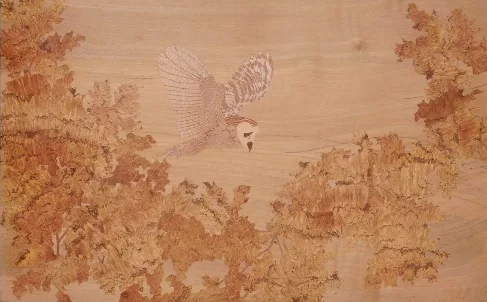 oeuvre, tableau en marqueterie de bois représentant la nature feuillages, oiseaux